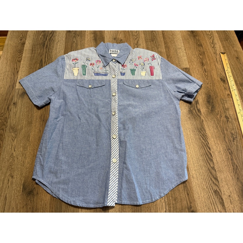 Teddi Shirt Womens Size XL Blue Button Up Short Sleeve Floral Potted Plants